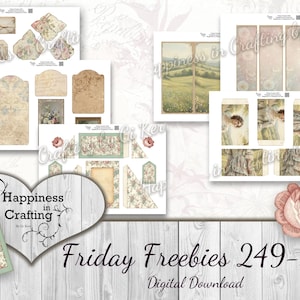 May include: A digital download collection featuring multiple sheets of printable ephemera, including floral tags, envelopes, landscape scenes, and vintage-style illustrations. The set includes the text Happiness in Crafting and Friday Freebies 249-252.