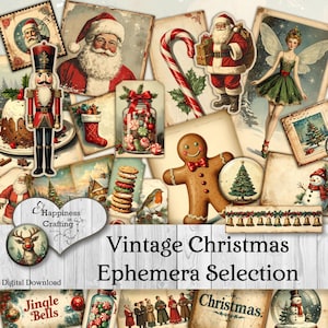 May include: A collection of vintage Christmas ephemera, including images of Santa Claus, a nutcracker, a gingerbread man, and a fairy. The images are arranged on a white wooden background. Text includes "Vintage Christmas Ephemera Selection" and "Jingle Bells".