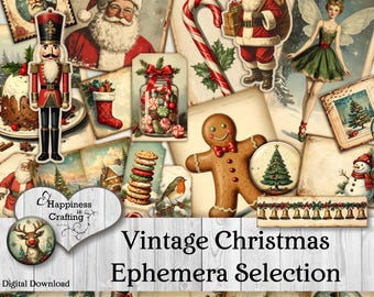 May include: A collection of vintage Christmas ephemera, including images of Santa Claus, a nutcracker, a gingerbread man, and a fairy. The images are arranged on a white wooden background. Text includes "Vintage Christmas Ephemera Selection" and "Jingle Bells".