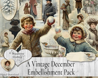 A Vintage December Embellishment Pack - Instant Digital Download, Printable, Digital Kit for Junk Journals, Scrapbooking, Gi Kerr
