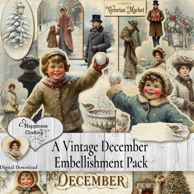 A Vintage December Embellishment Pack - Instant Digital Download, Printable, Digital Kit for Junk Journals, Scrapbooking, Gi Kerr image 1