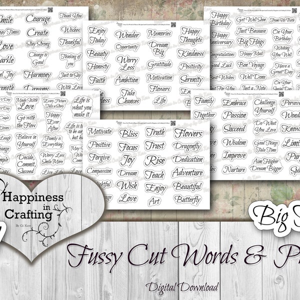 Fussy Cut Words & Phrases - 138 pieces Ink Saver - Instant Digital Download, Printable, Digital Kit for Junk Journals, Scrapbooking, Gi Kerr