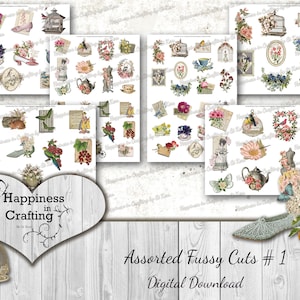 May include: Assorted digital fussy cuts for crafting.  The digital download includes images of birds, flowers, teacups, and other vintage-style illustrations.  The images are on a white background.