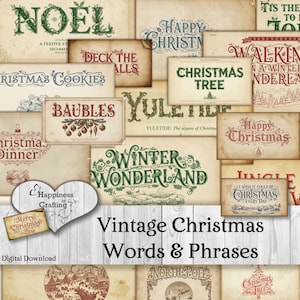 Può includere: Una collezione di biglietti e frasi a tema natalizio in stile vintage. I biglietti presentano parole festive come "NOEL", "Christmas" e "Winter Wonderland" in vari font e colori, con un aspetto rustico e invecchiato. Sono visibili anche le parole "Vintage Christmas Words & Phrases".