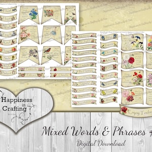 Pode incluir: Um download digital de 36 faixas e etiquetas imprimíveis com designs florais e palavras e frases inspiradoras. As faixas e etiquetas são em estilo vintage com um fundo marrom claro e detalhes florais. O texto inclui palavras como "Hope", "Kind", "Love", "Dream", "Believe", "Gratitude", "Enjoy Today", e muito mais.