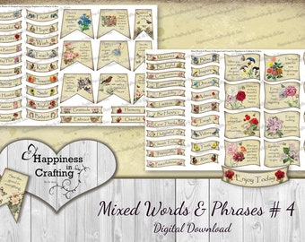 Mixed Words & Phrases # 4 - 65 Pieces - Instant Digital Download, Printable, Digital Kit for Junk Journals, Scrapbooking, Gi Kerr