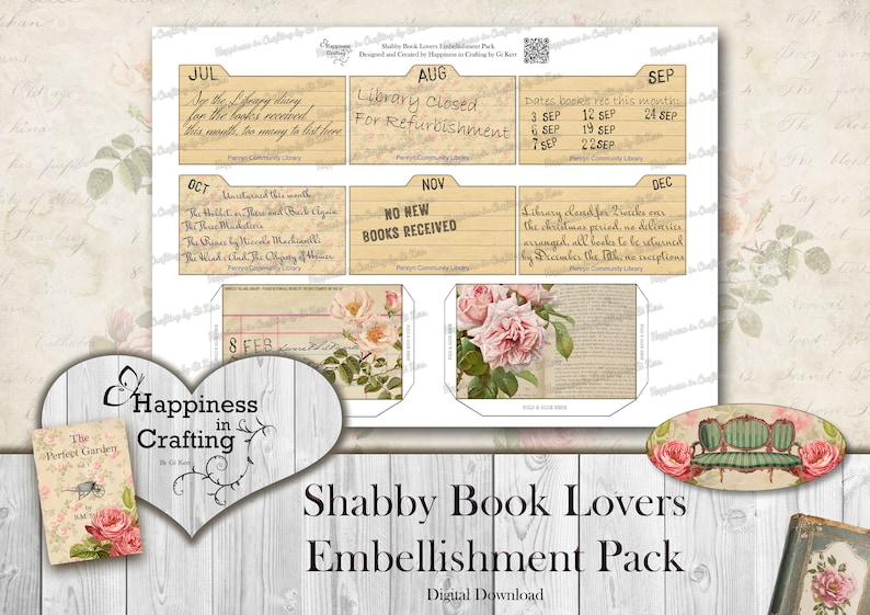 Shabby Book Lovers Embellishment Pack Instant Digital Download, Printable, Digital Kit for Junk Journals, Scrapbooking, Gi Kerr image 6
