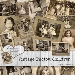 Può includere: Una collezione di fotografie vintage in seppia raffiguranti bambini in varie attività. Le immagini includono ritratti, bambini che giocano e foto di gruppo. Il testo "Vintage Photos: Children" è visualizzato su uno sfondo di legno.