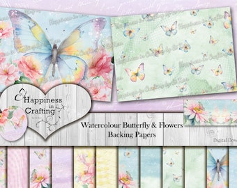 Watercolour Butterfly & Flowers Backing Papers - Instant Digital Download, Printable, Digital Kit for Junk Journals, Scrapbooking, Gi Kerr