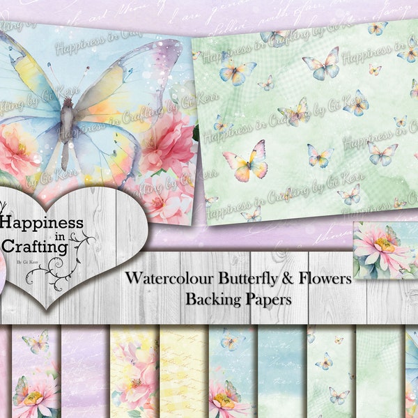 Watercolour Butterfly & Flowers Backing Papers - Instant Digital Download, Printable, Digital Kit for Junk Journals, Scrapbooking, Gi Kerr