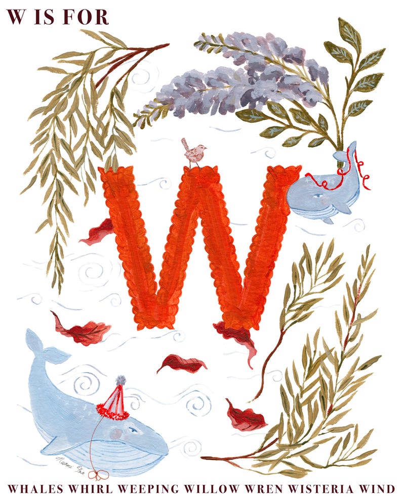 Letter W Nursery Art Print – Whale, Wisteria & Weeping Willow Alphabet ...