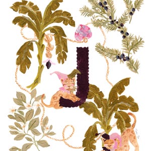 May include: An illustrated artwork featuring the letter "J" with a whimsical jungle theme. The artwork includes jaguars in jester hats, banana trees, and a pink heart-shaped jewel. Text at the top reads "J IS FOR", and the bottom text lists words starting with "J".