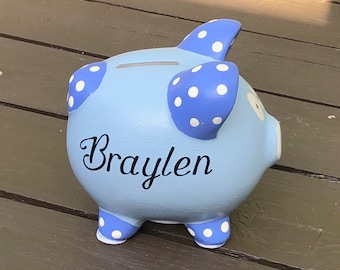 Personalized Piggy Bank – Hand-Painted Polka Dot Design