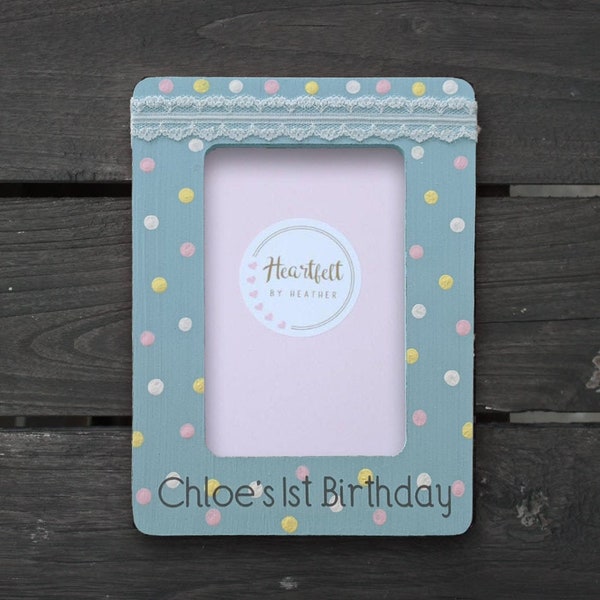1st Birthday Frame - Personalized Baby Girl, Boy Wood Picture Frame - First Birthday - Poka Dot Nusery Decor