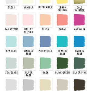 May include: Color chart with 20 paint color swatches. The colors are arranged in rows and columns. The colors include cloud, vanilla, buttermilk, lemon chiffon, gold shimmer, sandstone, ballet slipper, blush, coral, magnolia, spa blue, vintage blue, periwinkle, seaside jade, pacific blue, sea glass, silver sage, sage, olive green, silver pine, dove grey, glacier grey, biscuit, tan, barnboard brown, lilac, wisteria, velvet night, flirtation, and merlot.