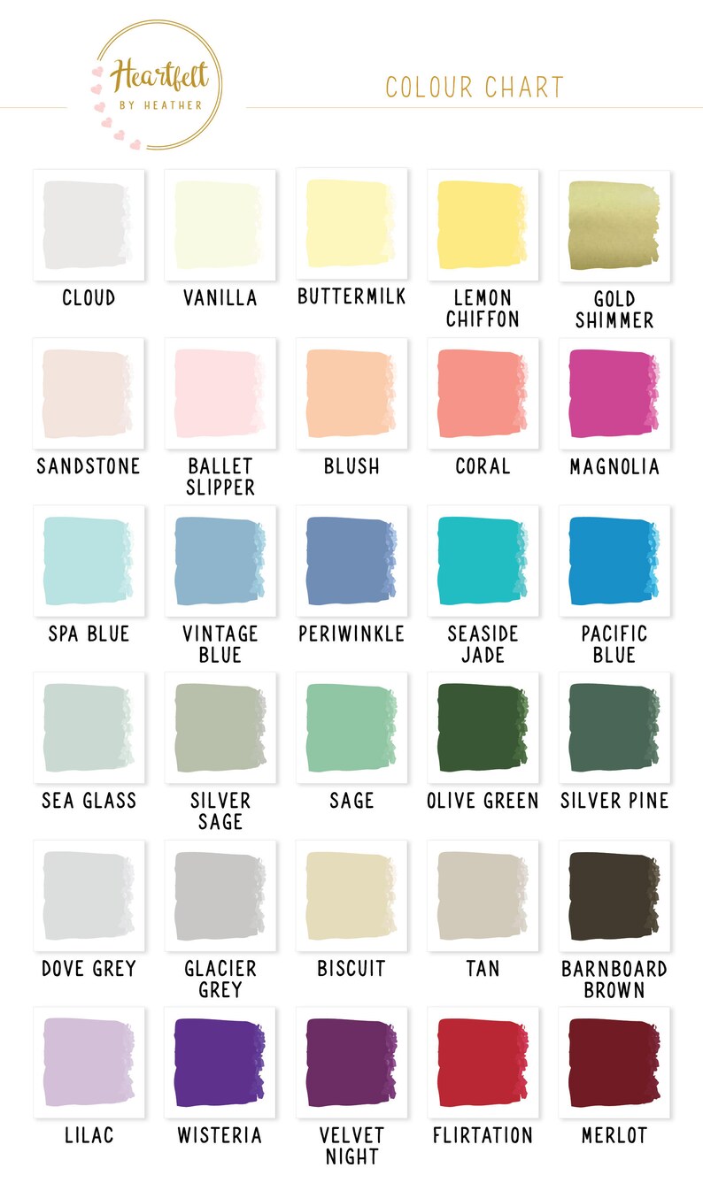 May include: Color chart with 20 paint color swatches. The colors are arranged in rows and columns. The colors include cloud, vanilla, buttermilk, lemon chiffon, gold shimmer, sandstone, ballet slipper, blush, coral, magnolia, spa blue, vintage blue, periwinkle, seaside jade, pacific blue, sea glass, silver sage, sage, olive green, silver pine, dove grey, glacier grey, biscuit, tan, barnboard brown, lilac, wisteria, velvet night, flirtation, and merlot.