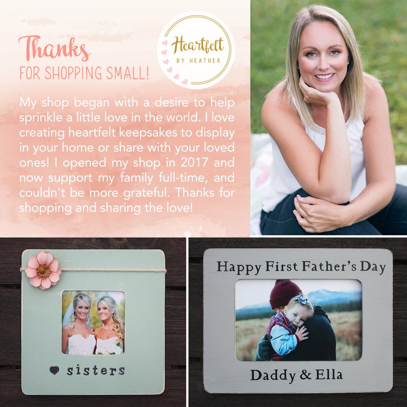 May include: Two wooden picture frames with white mats and glass fronts. The frame on the left has a light blue background and a pink flower on the top. The frame on the right has a gray background. The frame on the left has a photo of two women in wedding dresses. The text "sisters" is below the photo. The frame on the right has a photo of a father and daughter. The text "Happy First Father's Day" is above the photo and the text "Daddy & Ella" is below the photo.