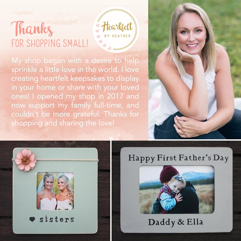 May include: Two wooden picture frames with white mats and glass fronts. The frame on the left has a light blue background and a pink flower on the top. The frame on the right has a gray background. The frame on the left has a photo of two women in wedding dresses. The text "sisters" is below the photo. The frame on the right has a photo of a father and daughter. The text "Happy First Father's Day" is above the photo and the text "Daddy & Ella" is below the photo.