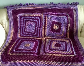 Purple Granny Square Crochet Blanket with Ruffle, Purple Afghan, Wedding Gift, Housewarming Gift,  Purple TV Blanket, Couch Blanket