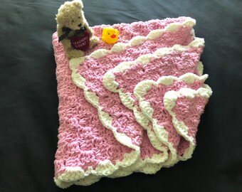 Handmade Crochet Baby Blanket: Pink Afghan with Scalloped Border