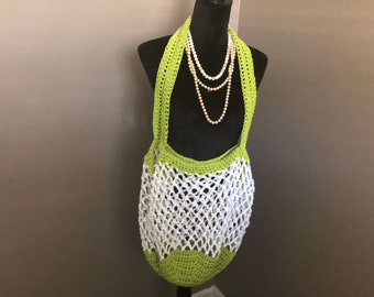 Market Bag Green and White Boho Tote Bag Crocheted Shopping Bag Reusable Grocery Bag Handmade Beach Bag Eco Friendly Gift for Her