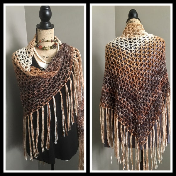 Sparkly Earth Tone Crocheted Shawl with Fringe, Gold and Bronze Fringed Shawl, Mothers Day Gift, Wedding Shawl, Handmade Gift for Her