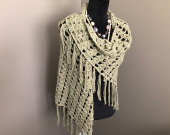 Crocheted Triangle Shawl: Boho Fringe, Light Moss Green Cotton Silk Blend
