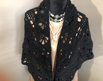 Black Crocheted Butterfly Shawl: Silky Acrylic Triangle Scarf