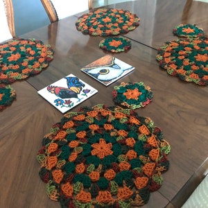 Fall Placemat Set, Crocheted Doilies,  Mandala Doilies, Thanksgiving Table Decor, Halloween Table Setting, Hostess Gift, Housewarming Gift