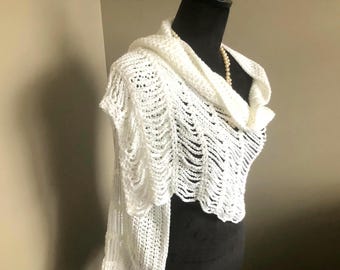 White Crochet Wedding Shawl: Lacy Cotton Blend Open Weave