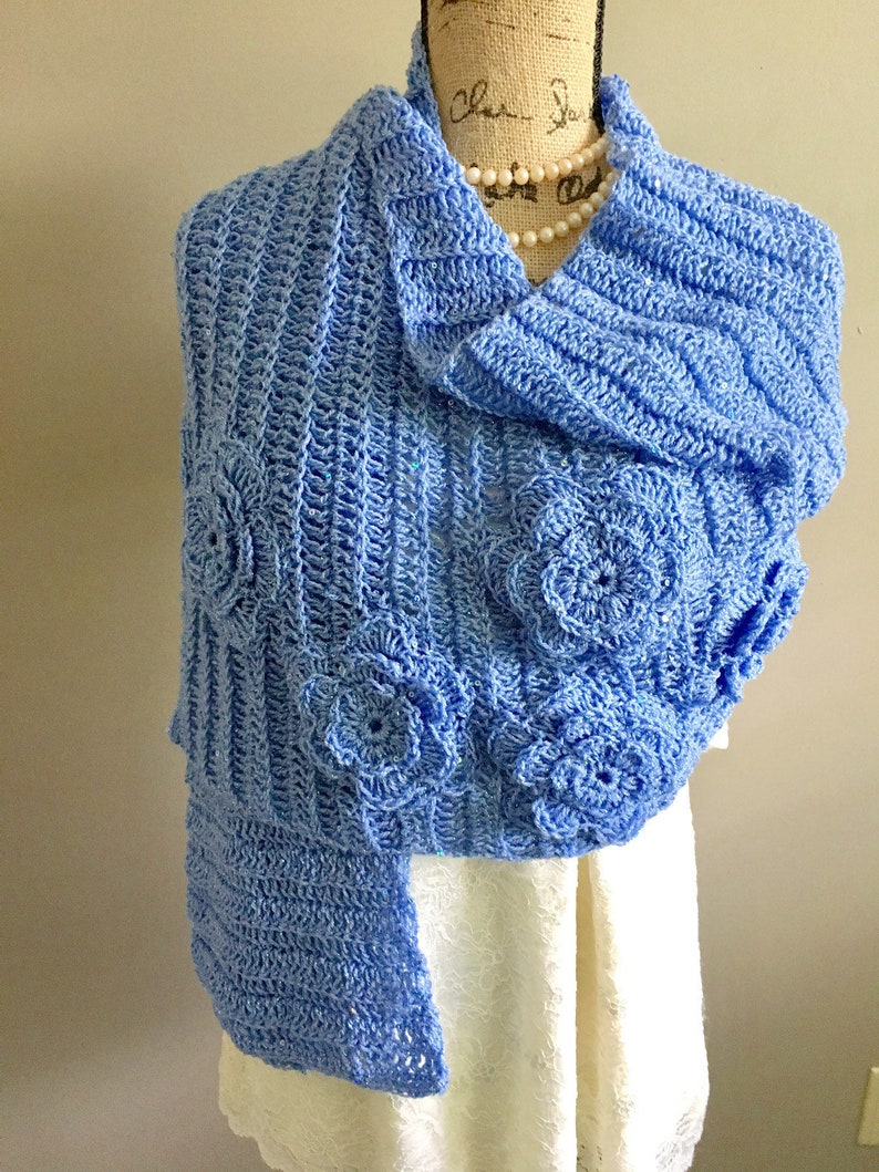 Sparkly Blue Crochet Shawl with Flowers, Mothers Day Gift, All Season Shawl, Blue order Boho Shawl, Handmade Gift for Her