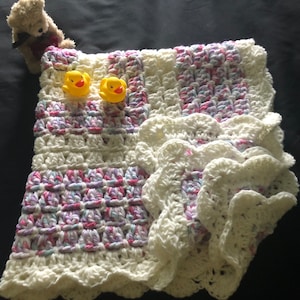 Crocheted Baby Blanket: Pink Turquoise Fleece Crib Afghan