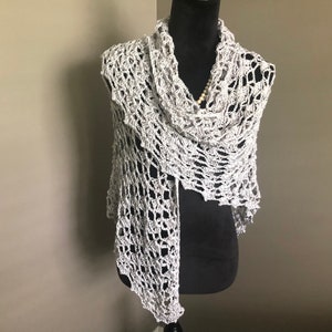 Lacy Silver Crochet Shawl: Elegant Bamboo Wrap, Formal Scarf