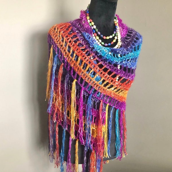 Crochet Rainbow Shawl with Fringe, Boho Rainbow Shawl, All Season Shawl, Mothers Day Gift, Colorful Triangle Shawl, Handmade Gift for Her,