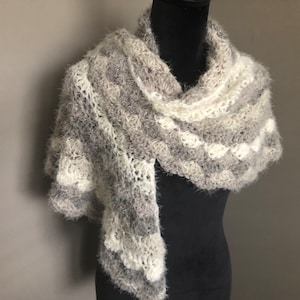 Crocheted Mini Shawl: Silver Grey Ombre Acrylic Shoulder Wrap