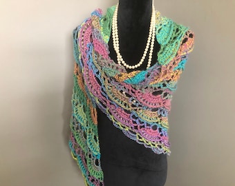 Crocheted Virus Shawl: Handmade Pastel Rainbow Triangle Scarf