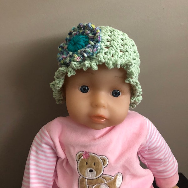 Green Crochet Baby Beanie with Flower and Ruffle, Green Newborn Hat, Ruffle Newborn Beanie, Baby Shower Gift, Baby Photo Prop, Newborn Hat