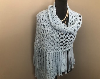 Sparkly Blue Crocheted Shawl with Fringe: Boho Metallic Wrap