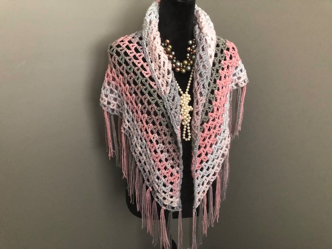 Crochet Shawl Sparkly Pink Ombre Fringe Crochet Shawl Sparkly Ombre Pink Shawl Fringed Crochet