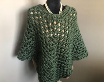 Crocheted Granny Stitch Poncho: Dark Green Acrylic Boho Pullover