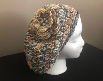 Slouchy Hat Tan and Grey Crocheted Boho Hat Handmade Baggy Beanie with Flower All Season Flower Hat Handmade Slouchy Beanie Gift for Her