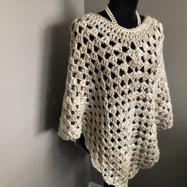 Ladies Poncho, Crochet Poncho, Beige Ombre Poncho, Beige Pullover, All Season Poncho, Handmade Fashion Gift for Her, Mothers Day Gift