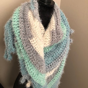Crocheted Bobble Fringe Scarf and Slouchy Beanie Set: Chunky Acrylic Turquoise