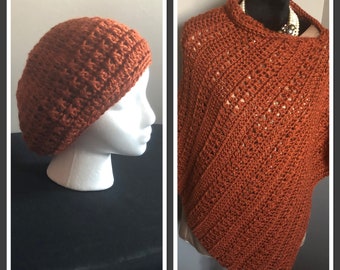 Crocheted Poncho and Slouchy Hat Set Burnt Orange Poncho and Hat Handmade Fall Poncho and Baggy Hat Handmade Poncho Gift for Her