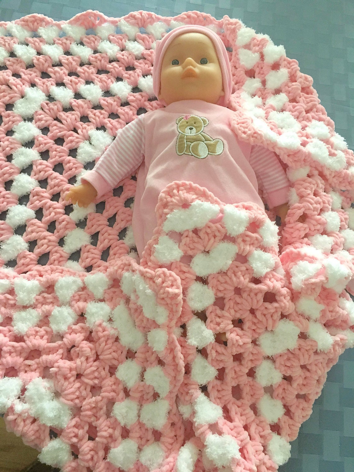 Pink and White Chenille Crocheted Baby Blanket Chenille Crib Etsy