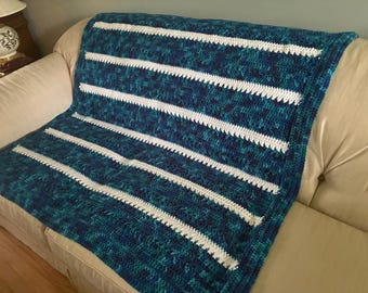 Blue and White Crocheted Afghan, Handmade Acrylic Throw (48x51)