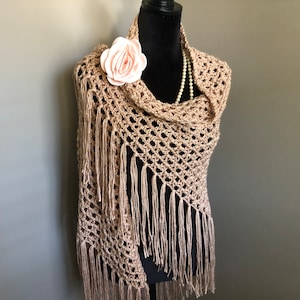 Crocheted Boho Shawl, Champagne Color Shawl with Fringe, Handmade Formal Event Shawl, Neutral Color Boho Wrap, Gift for Her,