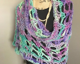 Crochet Shawl Purple and Green Boho Wrap Open Weave All Season Formal Event Shawl Rectangle Crochet Scarf Handmade Gift for Her