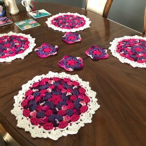 Crochet Mandala Placemat Set: Pink & Purple Vintage Table Decor