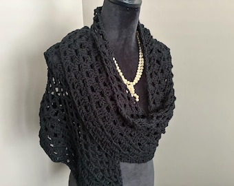 Handmade Black Crochet Triangle Shawl, Acrylic Scarf Wrap